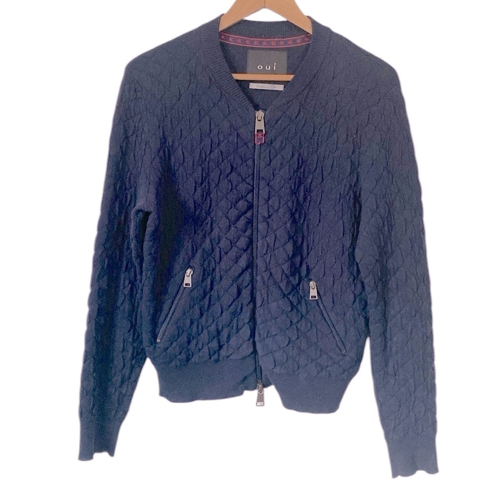 Oui fill zip quilted knit Blue Cardigan Sweater size 6